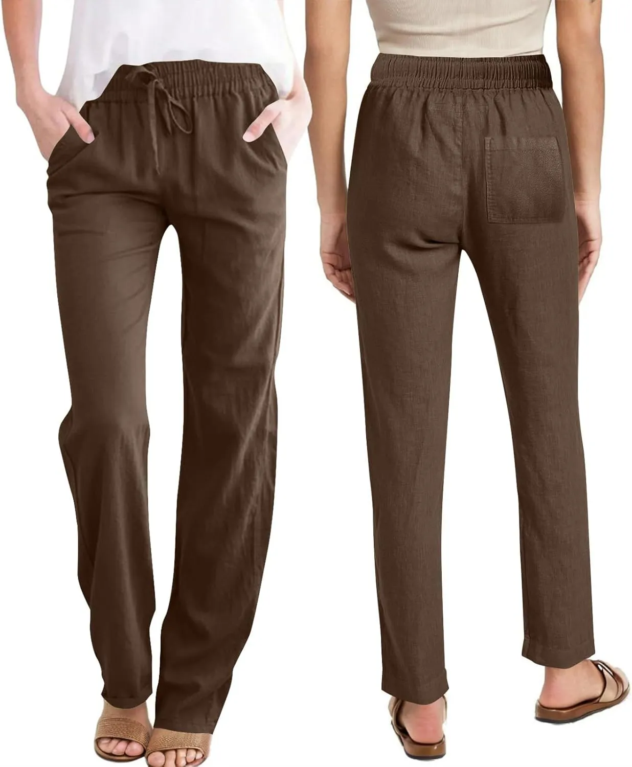Womens Casual Linen Trousers High Waist Loose Comfy Beach Pants Straight Leg Summer Vacation Pant with Multi Pockets