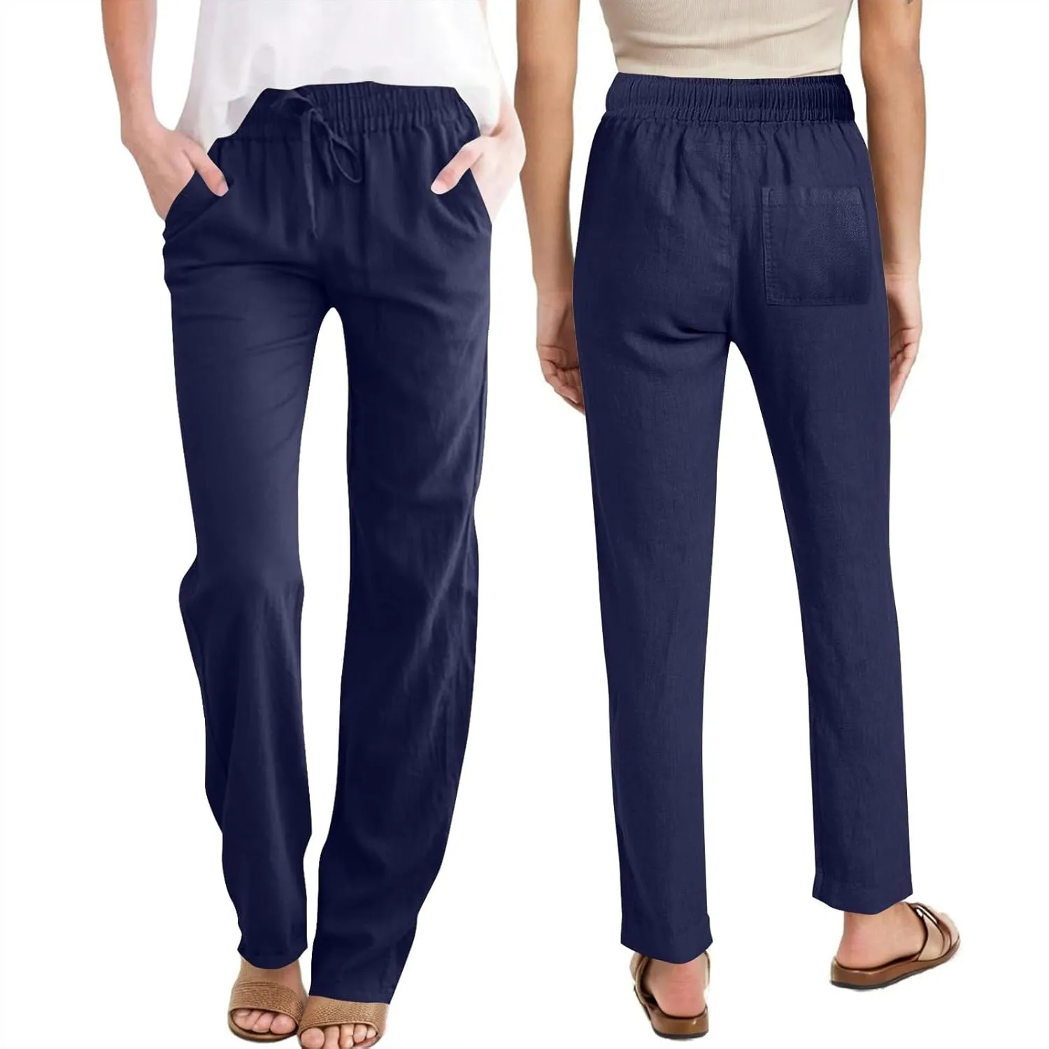 Womens Casual Linen Trousers High Waist Loose Comfy Beach Pants Straight Leg Summer Vacation Pant with Multi Pockets
