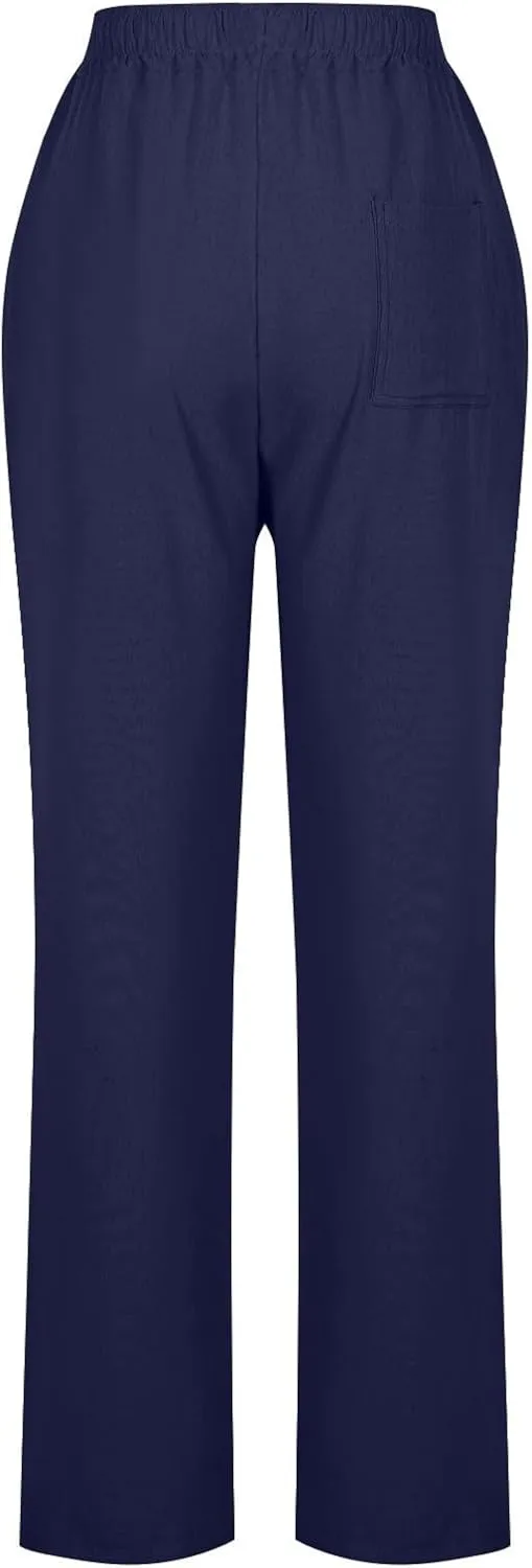 Womens Casual Linen Trousers High Waist Loose Comfy Beach Pants Straight Leg Summer Vacation Pant with Multi Pockets