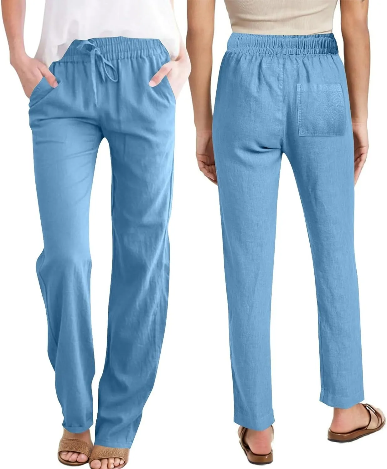 Womens Casual Linen Trousers High Waist Loose Comfy Beach Pants Straight Leg Summer Vacation Pant with Multi Pockets