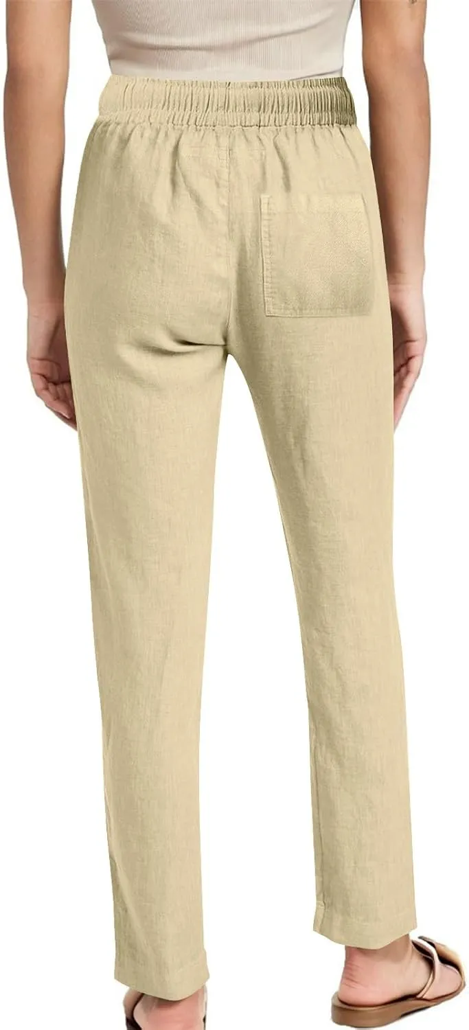 Womens Casual Linen Trousers High Waist Loose Comfy Beach Pants Straight Leg Summer Vacation Pant with Multi Pockets
