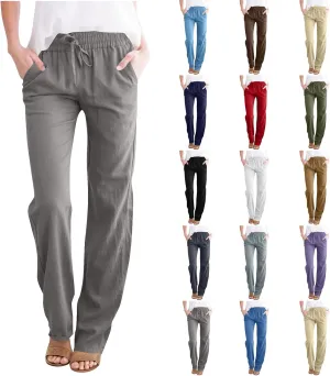 Womens Casual Linen Trousers High Waist Loose Comfy Beach Pants Straight Leg Summer Vacation Pant with Multi Pockets