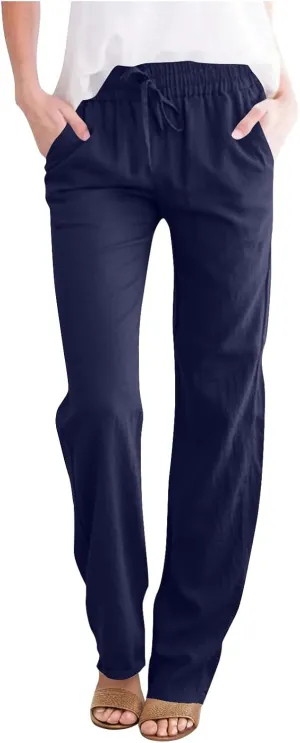 Womens Casual Linen Trousers High Waist Loose Comfy Beach Pants Straight Leg Summer Vacation Pant with Multi Pockets