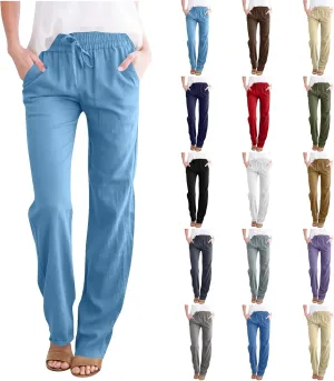 Womens Casual Linen Trousers High Waist Loose Comfy Beach Pants Straight Leg Summer Vacation Pant with Multi Pockets