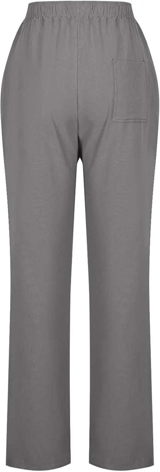 Womens Casual Linen Trousers High Waist Loose Comfy Beach Pants Straight Leg Summer Vacation Pant with Multi Pockets