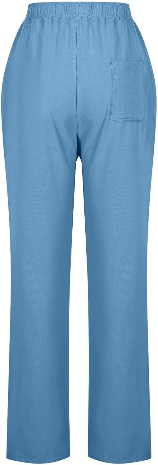 Womens Casual Linen Trousers High Waist Loose Comfy Beach Pants Straight Leg Summer Vacation Pant with Multi Pockets