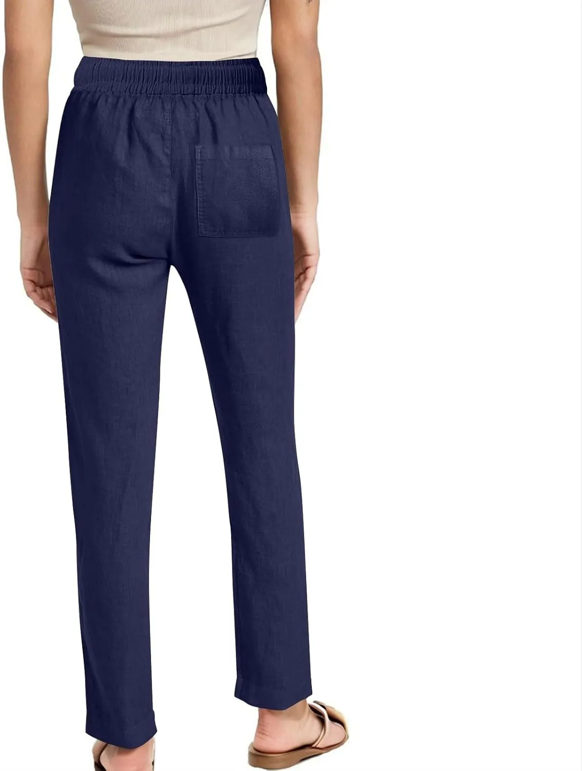 Womens Casual Linen Trousers High Waist Loose Comfy Beach Pants Straight Leg Summer Vacation Pant with Multi Pockets
