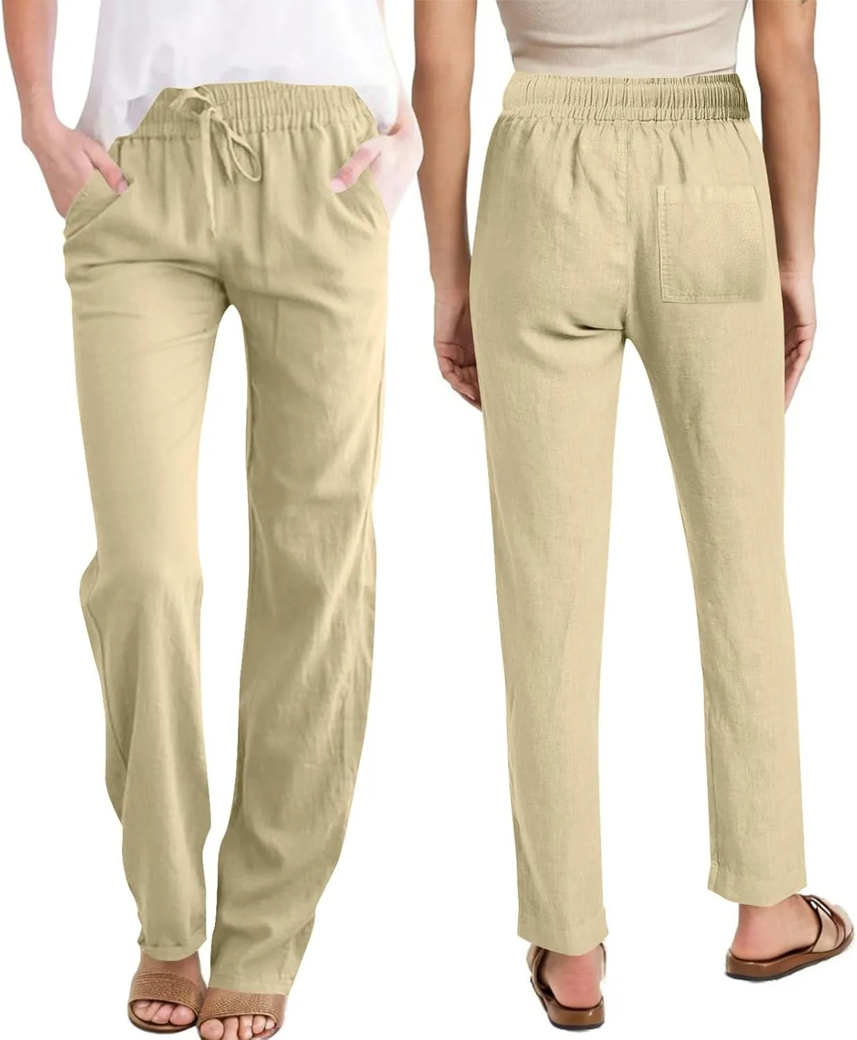 Womens Casual Linen Trousers High Waist Loose Comfy Beach Pants Straight Leg Summer Vacation Pant with Multi Pockets