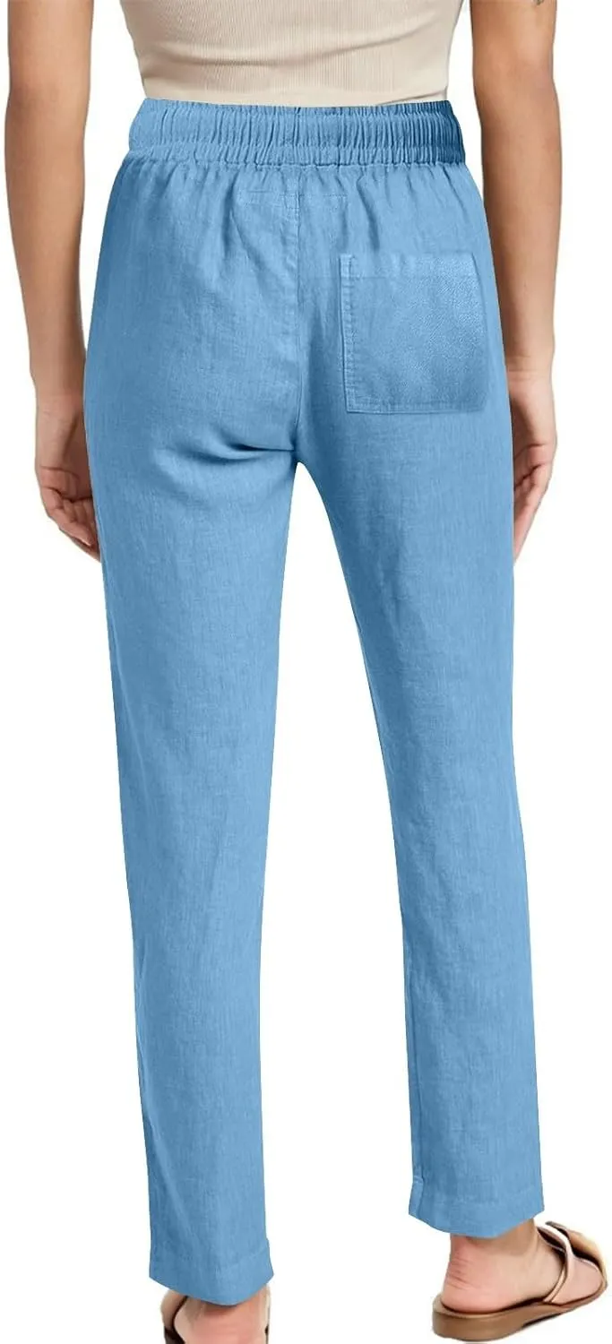 Womens Casual Linen Trousers High Waist Loose Comfy Beach Pants Straight Leg Summer Vacation Pant with Multi Pockets