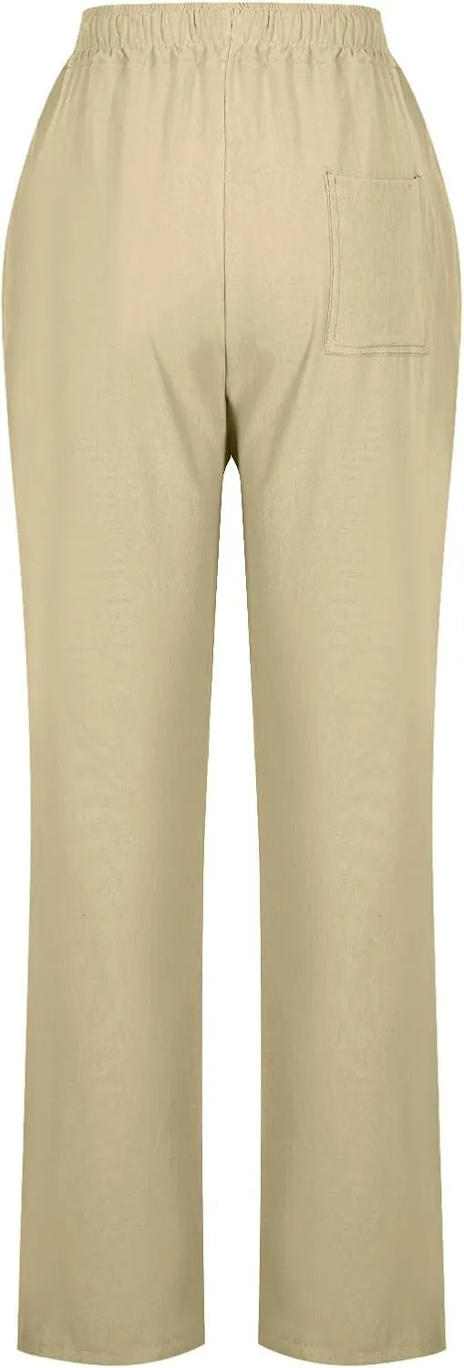 Womens Casual Linen Trousers High Waist Loose Comfy Beach Pants Straight Leg Summer Vacation Pant with Multi Pockets