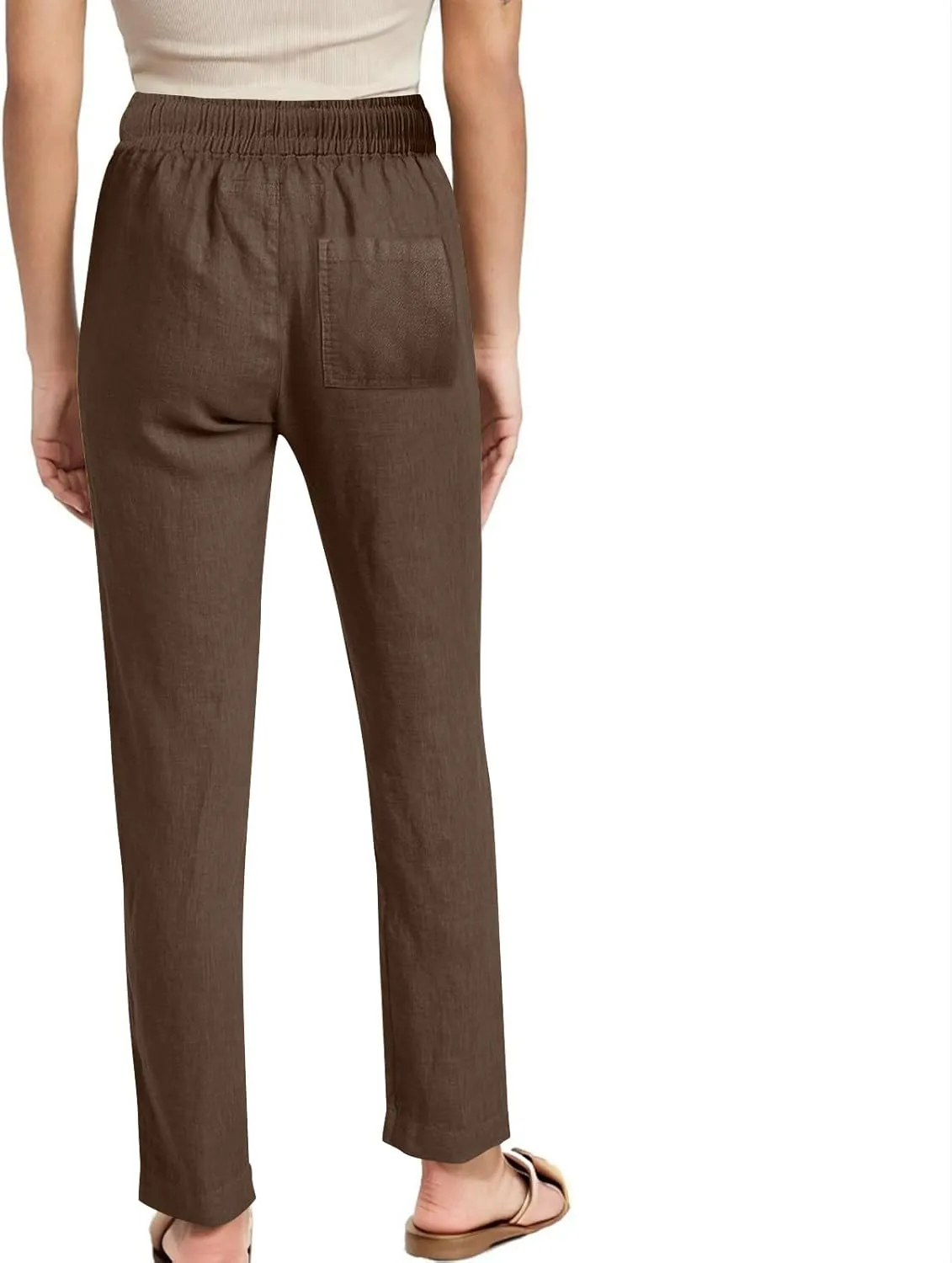 Womens Casual Linen Trousers High Waist Loose Comfy Beach Pants Straight Leg Summer Vacation Pant with Multi Pockets
