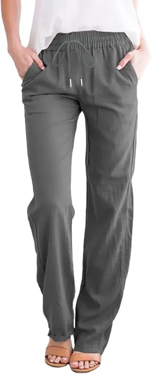Womens Casual Pants Summer Linen Pants Straight Leg Drawstring Elastic High Waist Loose Comfy Trousers with Pockets