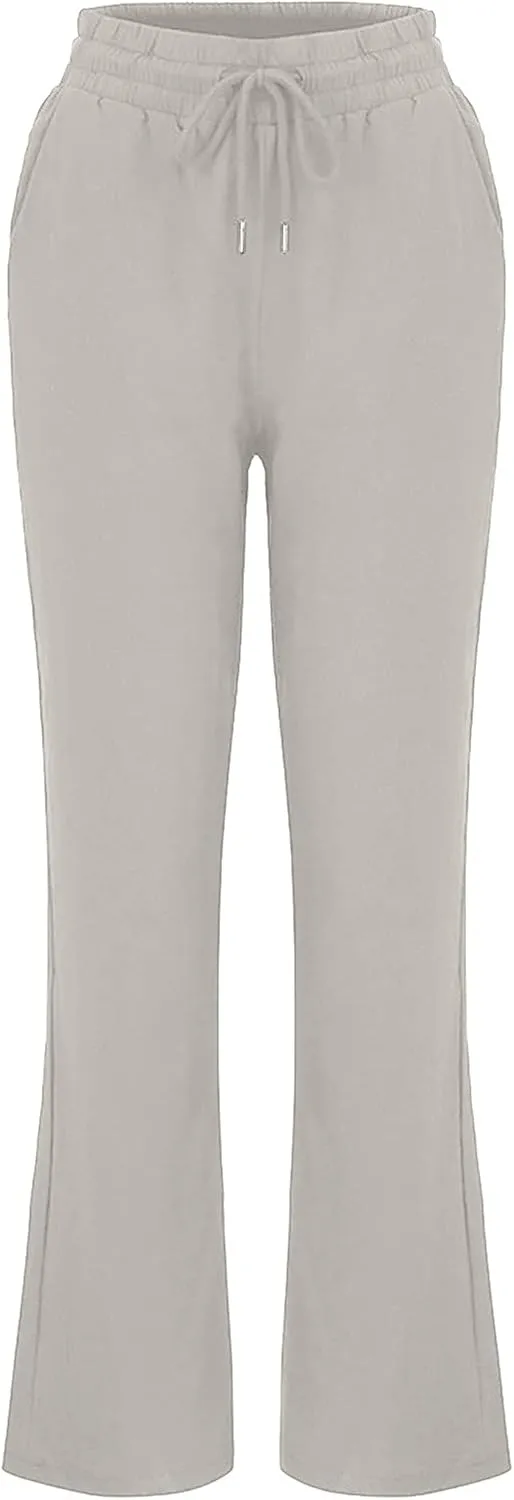 Womens Casual Pants Summer Linen Pants Straight Leg Drawstring Elastic High Waist Loose Comfy Trousers with Pockets