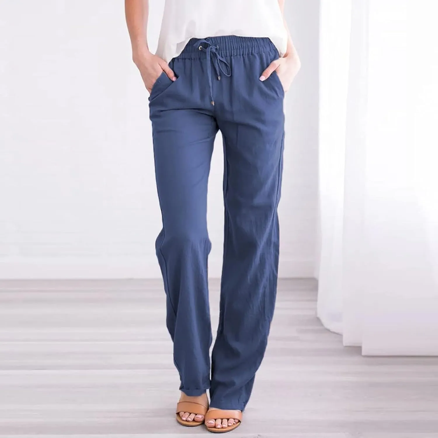 Womens Casual Pants Summer Linen Pants Straight Leg Drawstring Elastic High Waist Loose Comfy Trousers with Pockets