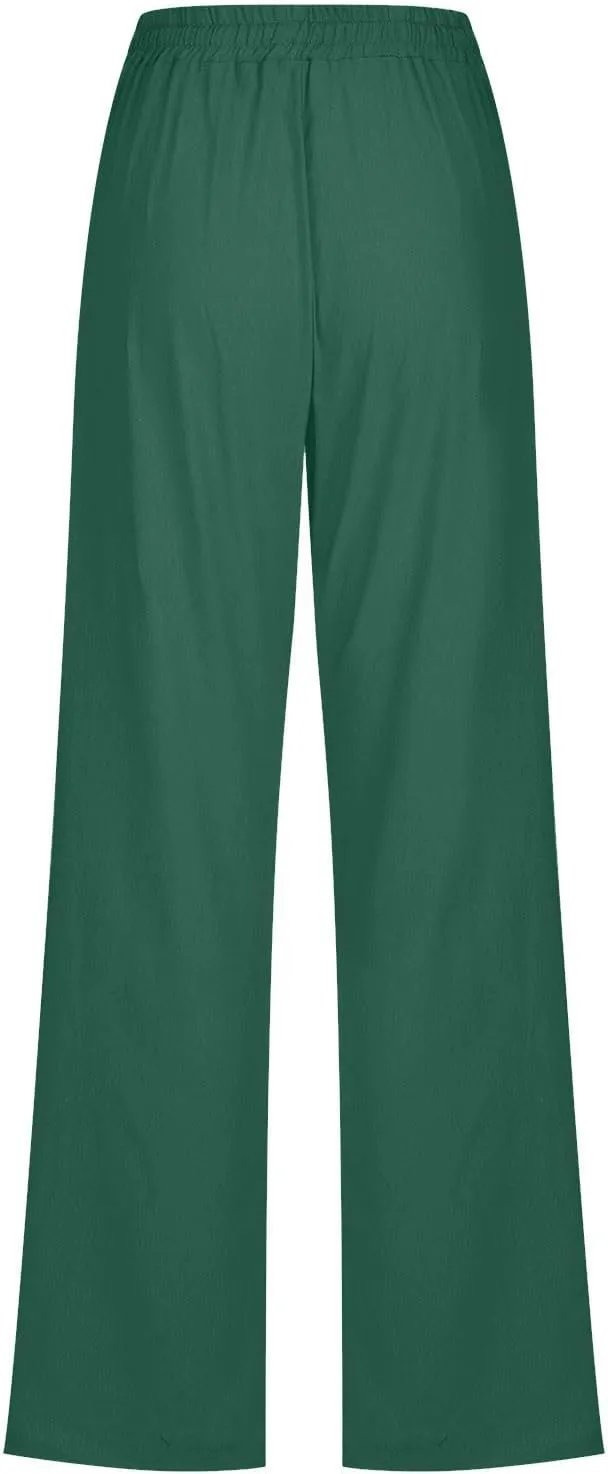 Womens Casual Pants Summer Linen Pants Straight Leg Drawstring Elastic High Waist Loose Comfy Trousers with Pockets