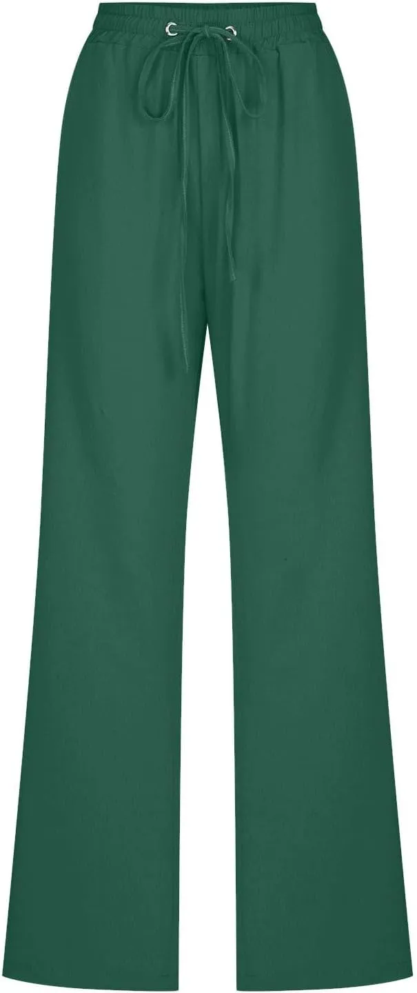 Womens Casual Pants Summer Linen Pants Straight Leg Drawstring Elastic High Waist Loose Comfy Trousers with Pockets