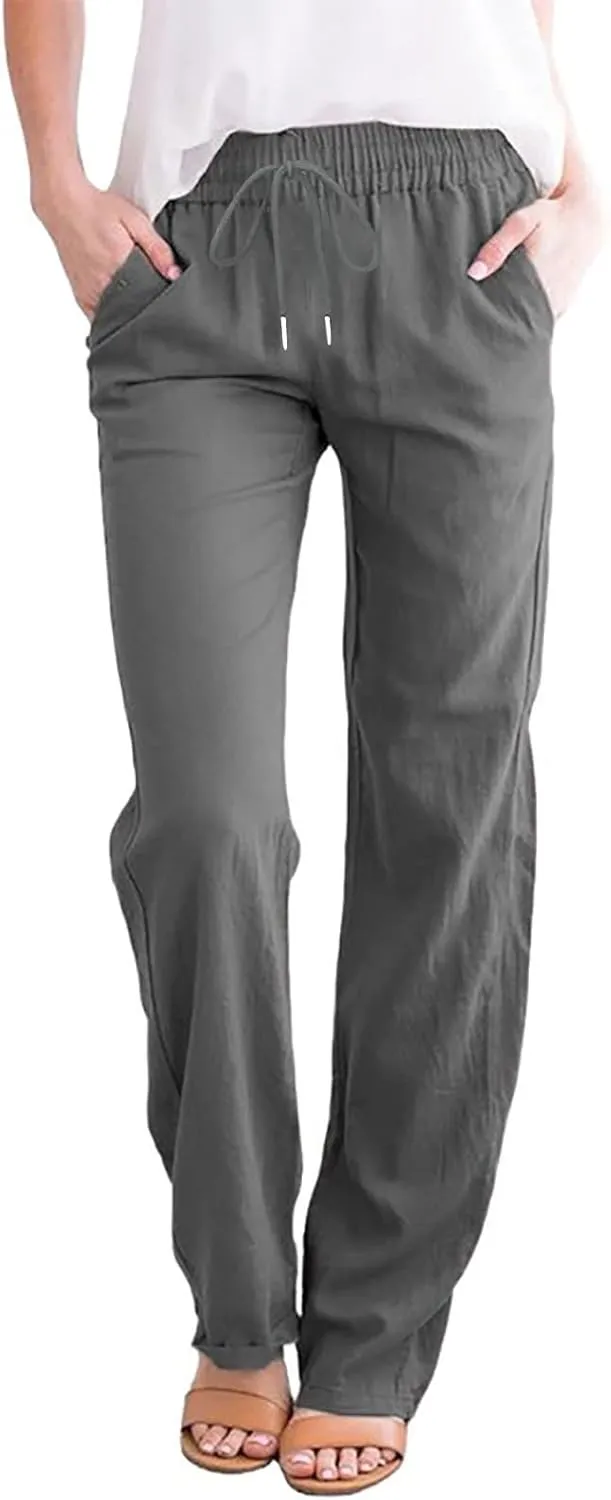 Womens Casual Pants Summer Linen Pants Straight Leg Drawstring Elastic High Waist Loose Comfy Trousers with Pockets