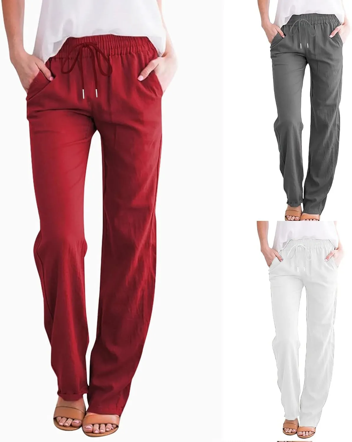 Womens Casual Pants Summer Linen Pants Straight Leg Drawstring Elastic High Waist Loose Comfy Trousers with Pockets