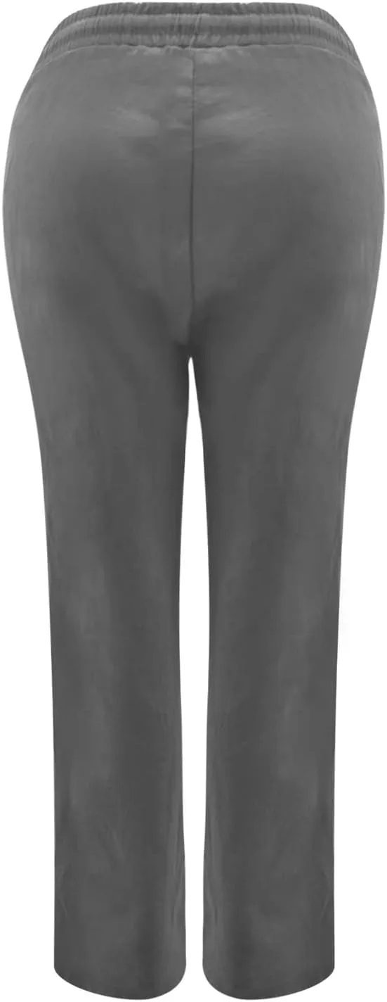 Womens Casual Pants Summer Linen Pants Straight Leg Drawstring Elastic High Waist Loose Comfy Trousers with Pockets