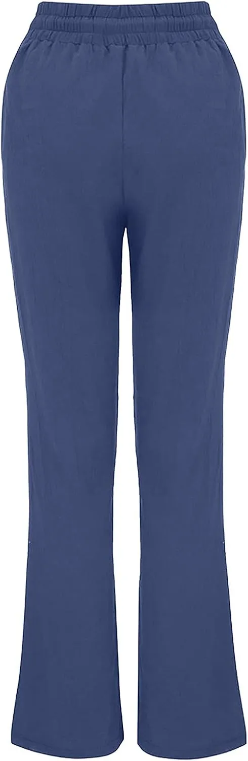 Womens Casual Pants Summer Linen Pants Straight Leg Drawstring Elastic High Waist Loose Comfy Trousers with Pockets
