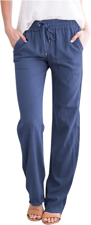 Womens Casual Pants Summer Linen Pants Straight Leg Drawstring Elastic High Waist Loose Comfy Trousers with Pockets