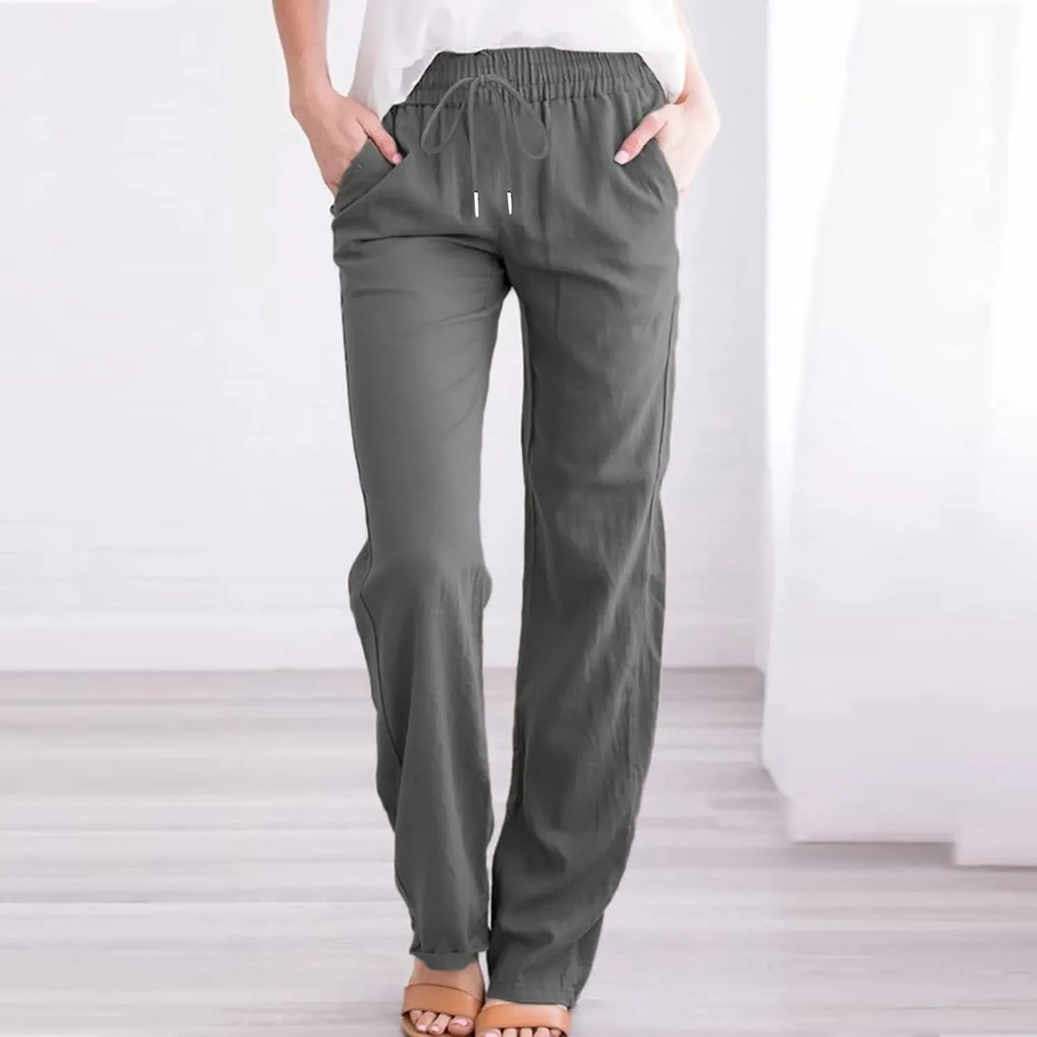 Womens Casual Pants Summer Linen Pants Straight Leg Drawstring Elastic High Waist Loose Comfy Trousers with Pockets