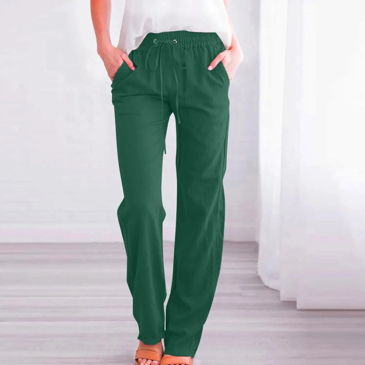 Womens Casual Pants Summer Linen Pants Straight Leg Drawstring Elastic High Waist Loose Comfy Trousers with Pockets
