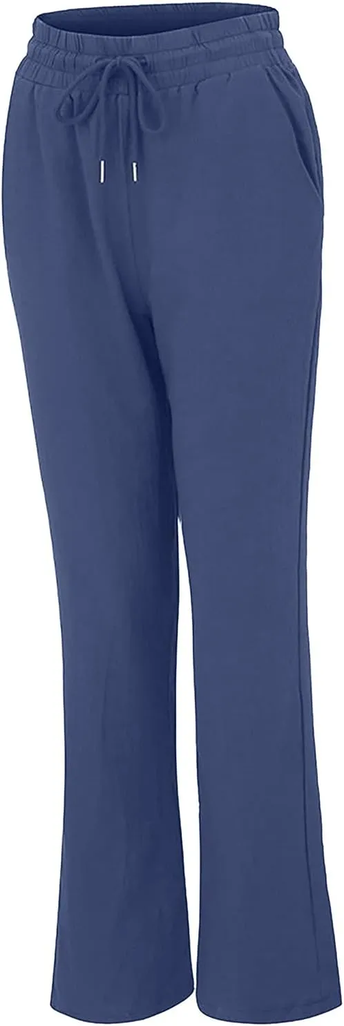 Womens Casual Pants Summer Linen Pants Straight Leg Drawstring Elastic High Waist Loose Comfy Trousers with Pockets