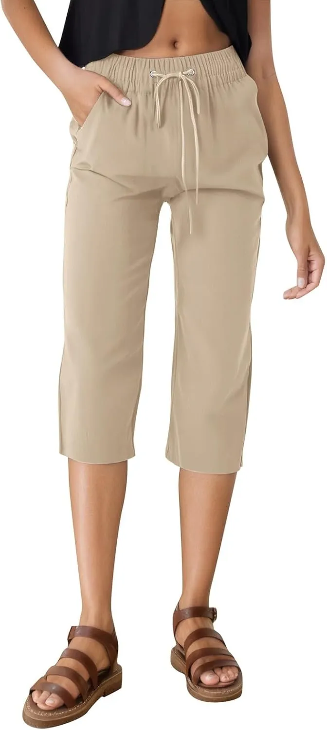 Women's Casual Pants,Plus Size Women's Summer Pants Linen Blend Drawstring Waist, Wide Leg Split Hem Lounge Culottes