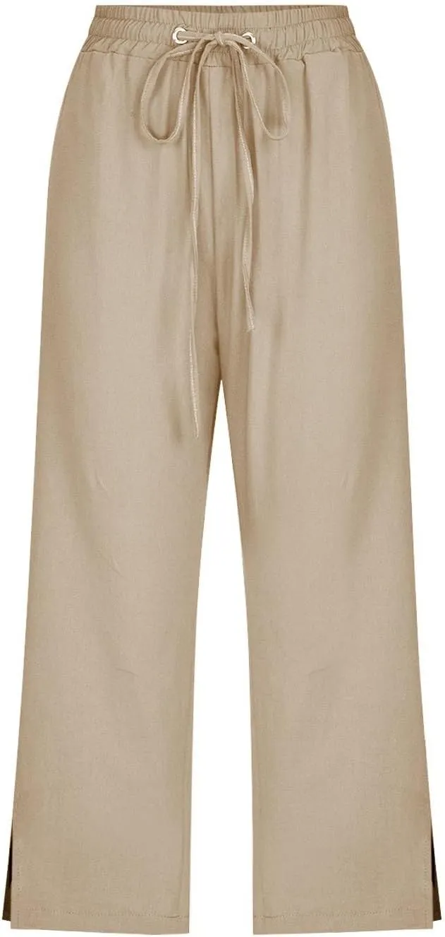 Women's Casual Pants,Plus Size Women's Summer Pants Linen Blend Drawstring Waist, Wide Leg Split Hem Lounge Culottes