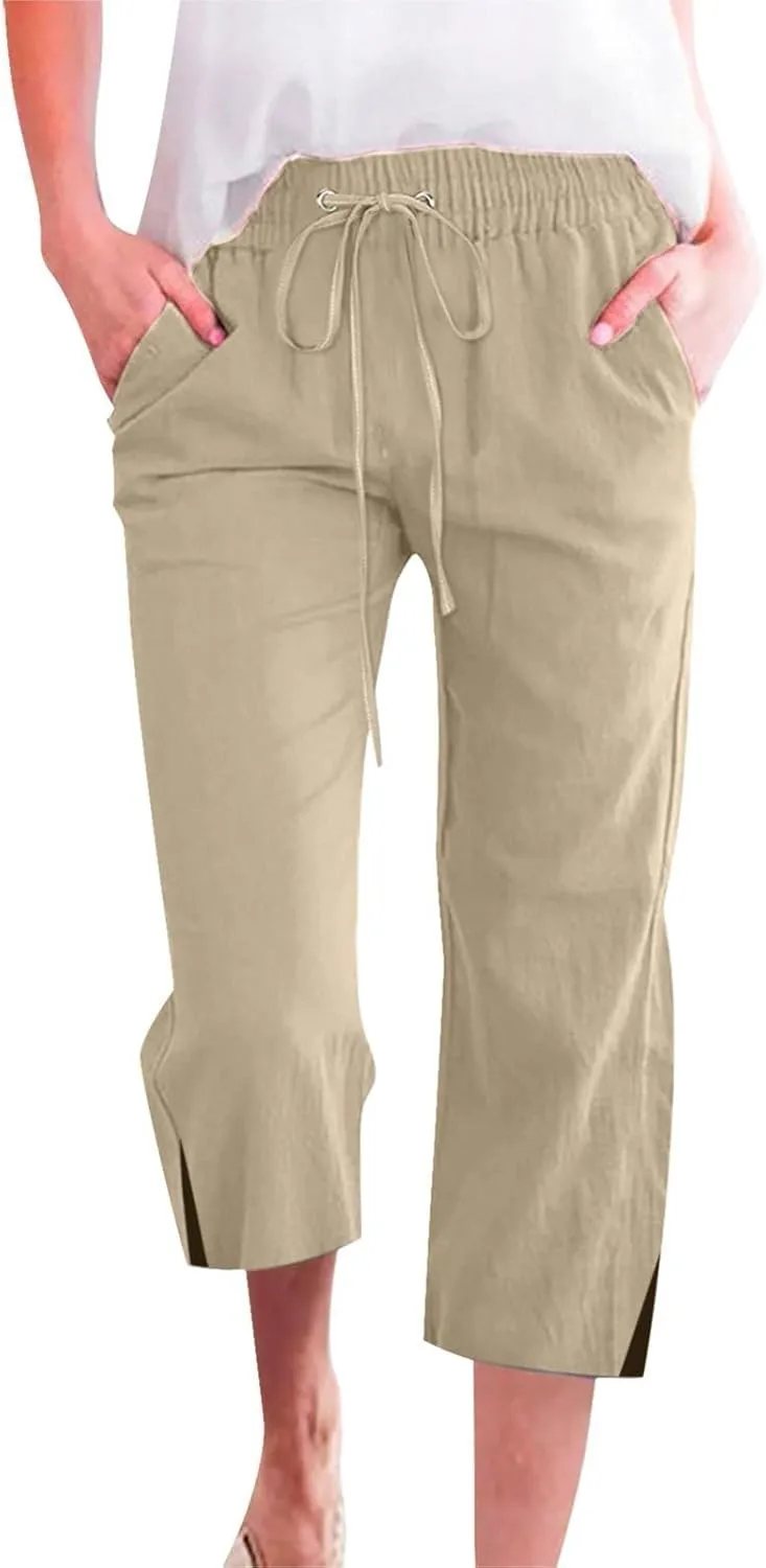 Women's Casual Pants,Plus Size Women's Summer Pants Linen Blend Drawstring Waist, Wide Leg Split Hem Lounge Culottes