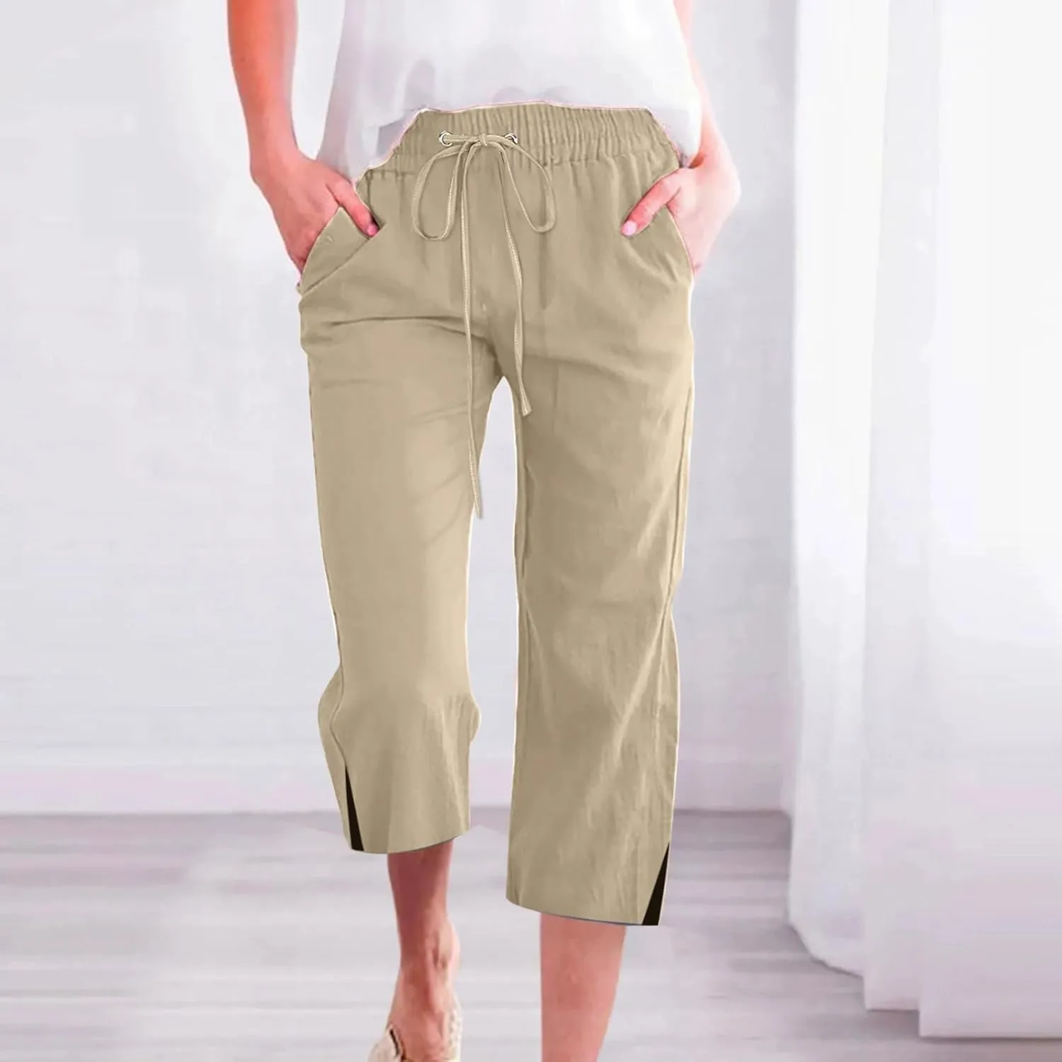 Women's Casual Pants,Plus Size Women's Summer Pants Linen Blend Drawstring Waist, Wide Leg Split Hem Lounge Culottes