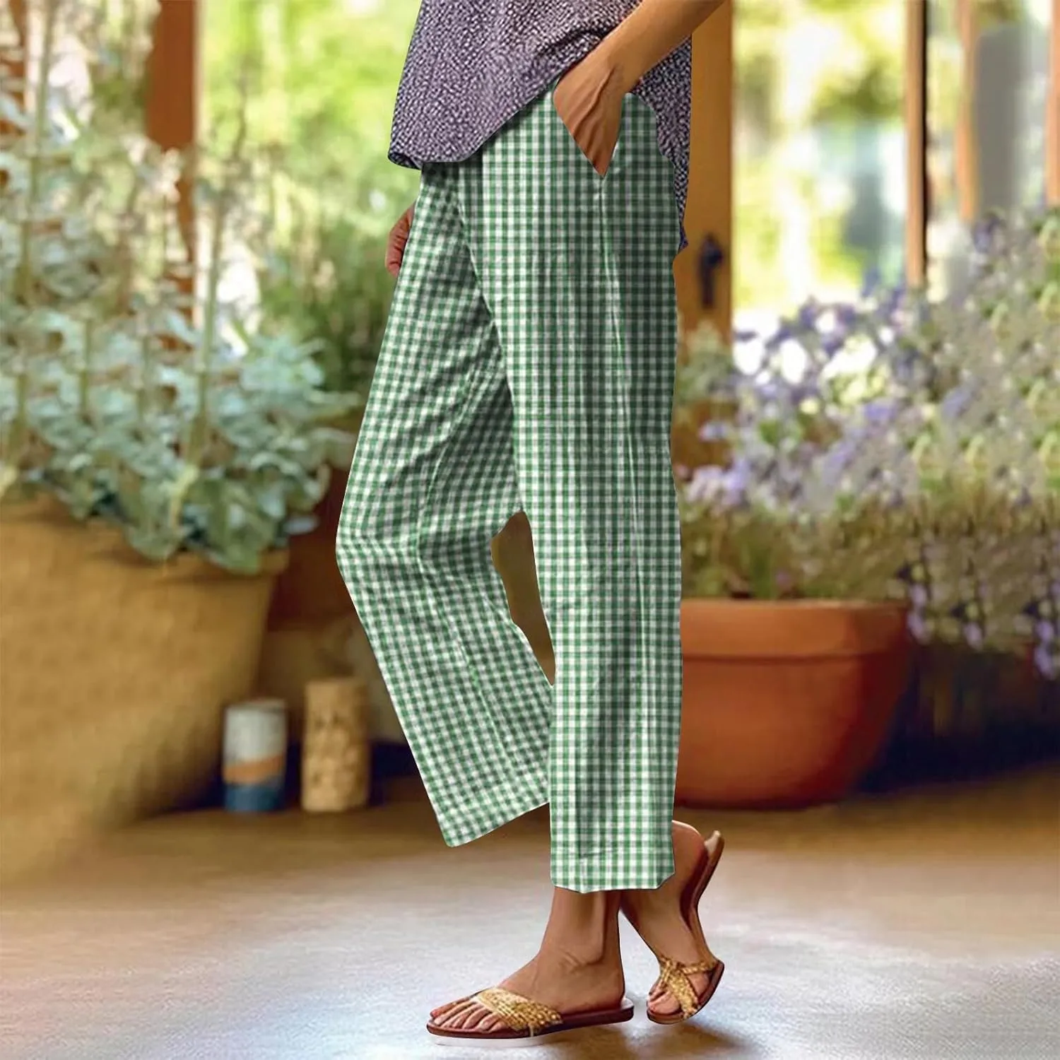 Women's Casual Plaid Pants Summer High Waist Comfort Athletic Trousers Fashion Loose Comfy Lounge Pant with Pocket