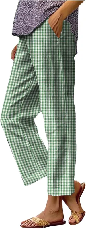 Women's Casual Plaid Pants Summer High Waist Comfort Athletic Trousers Fashion Loose Comfy Lounge Pant with Pocket