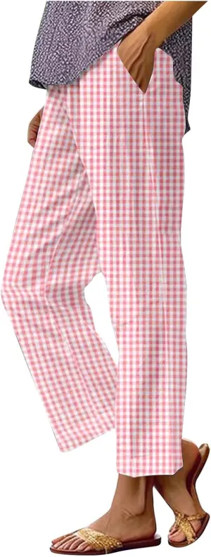 Women's Casual Plaid Pants Summer High Waist Comfort Athletic Trousers Fashion Loose Comfy Lounge Pant with Pocket