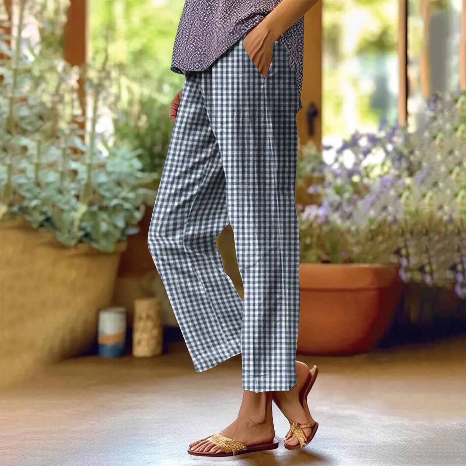 Women's Casual Plaid Pants Summer High Waist Comfort Athletic Trousers Fashion Loose Comfy Lounge Pant with Pocket