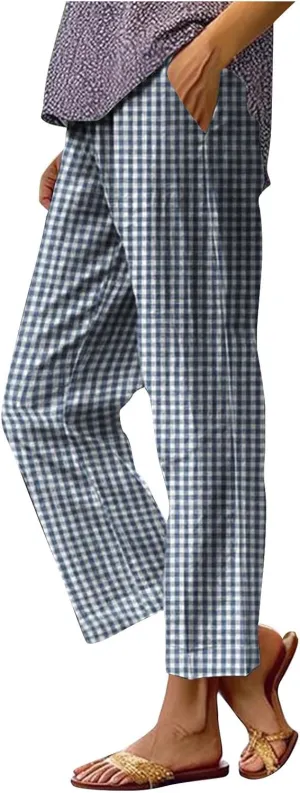 Women's Casual Plaid Pants Summer High Waist Comfort Athletic Trousers Fashion Loose Comfy Lounge Pant with Pocket