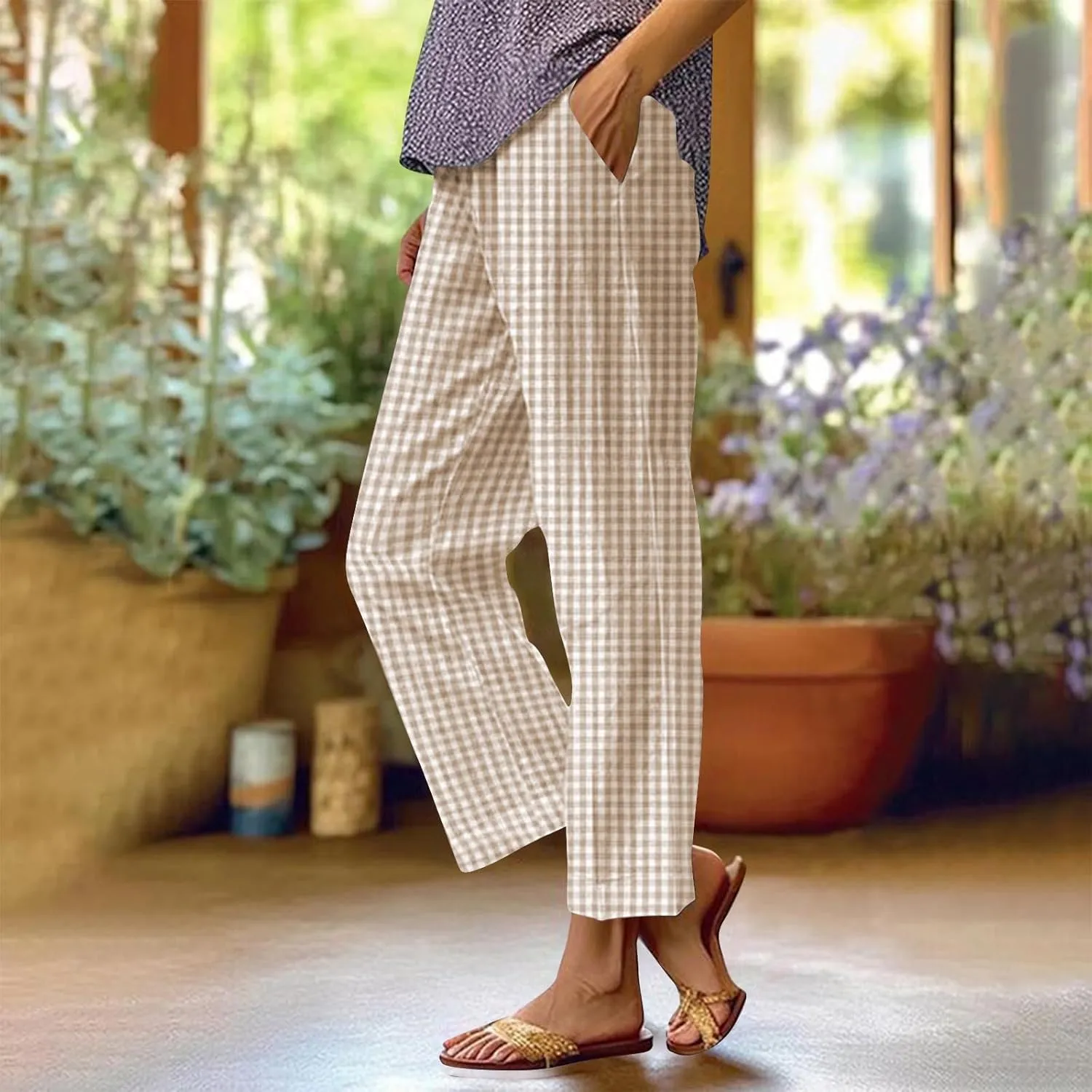 Women's Casual Plaid Pants Summer High Waist Comfort Athletic Trousers Fashion Loose Comfy Lounge Pant with Pocket