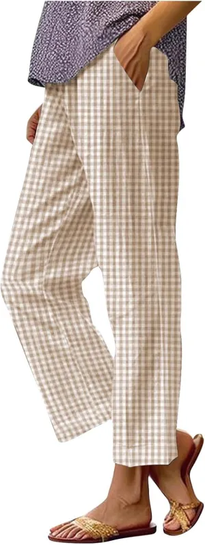 Women's Casual Plaid Pants Summer High Waist Comfort Athletic Trousers Fashion Loose Comfy Lounge Pant with Pocket
