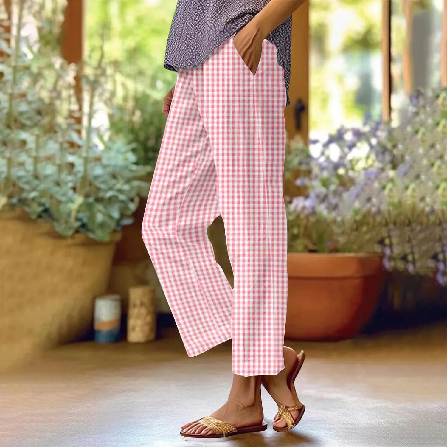 Women's Casual Plaid Pants Summer High Waist Comfort Athletic Trousers Fashion Loose Comfy Lounge Pant with Pocket