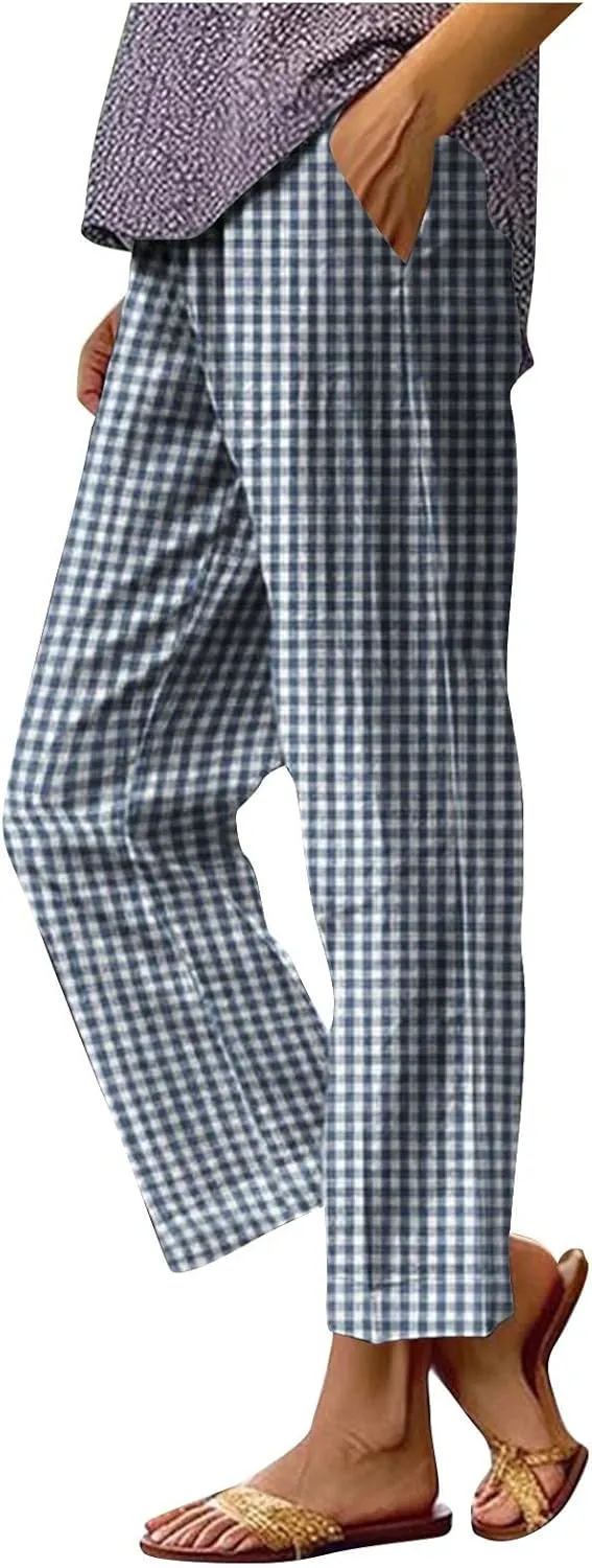 Women's Casual Plaid Pants Summer High Waist Comfort Athletic Trousers Fashion Loose Comfy Lounge Pant with Pocket