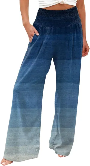 Women's Casual Prints High Waist Wide Leg Palazzo Pants Elastic Waist Loose Comfy Pajama Pants Pockets