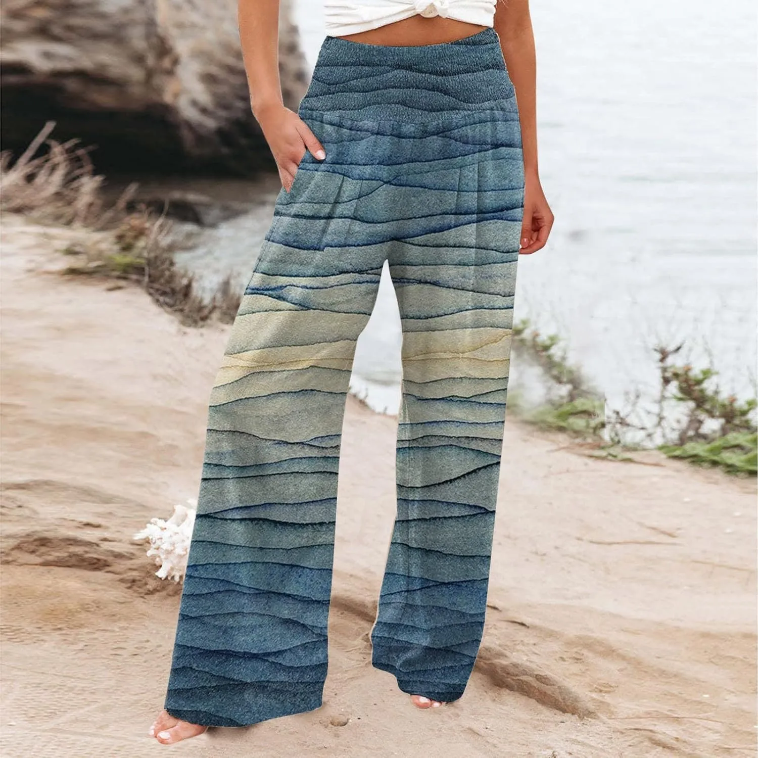 Women's Casual Prints High Waist Wide Leg Palazzo Pants Elastic Waist Loose Comfy Pajama Pants Pockets