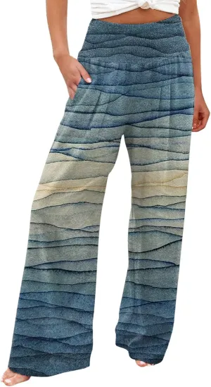 Women's Casual Prints High Waist Wide Leg Palazzo Pants Elastic Waist Loose Comfy Pajama Pants Pockets