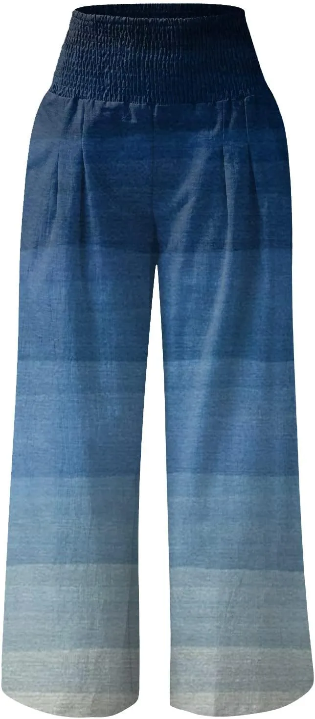 Women's Casual Prints High Waist Wide Leg Palazzo Pants Elastic Waist Loose Comfy Pajama Pants Pockets