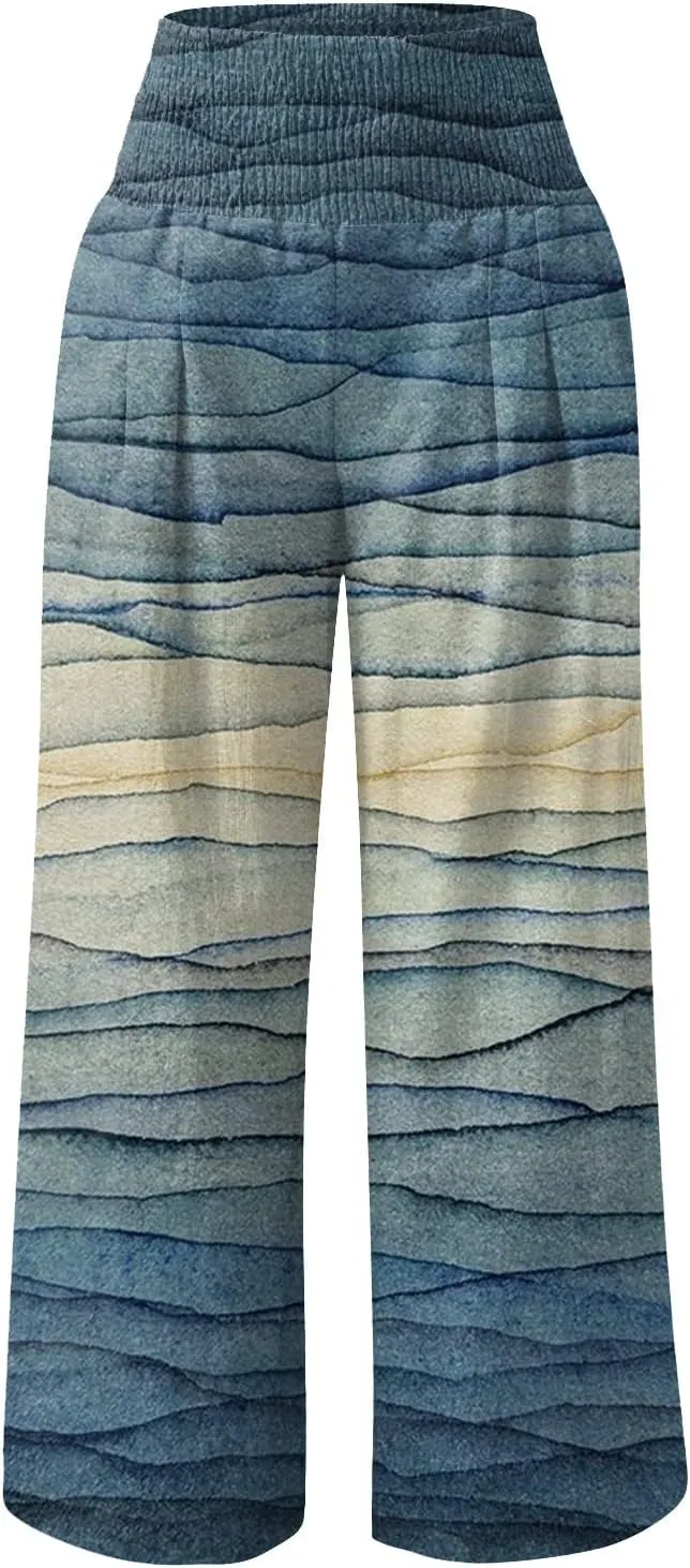 Women's Casual Prints High Waist Wide Leg Palazzo Pants Elastic Waist Loose Comfy Pajama Pants Pockets