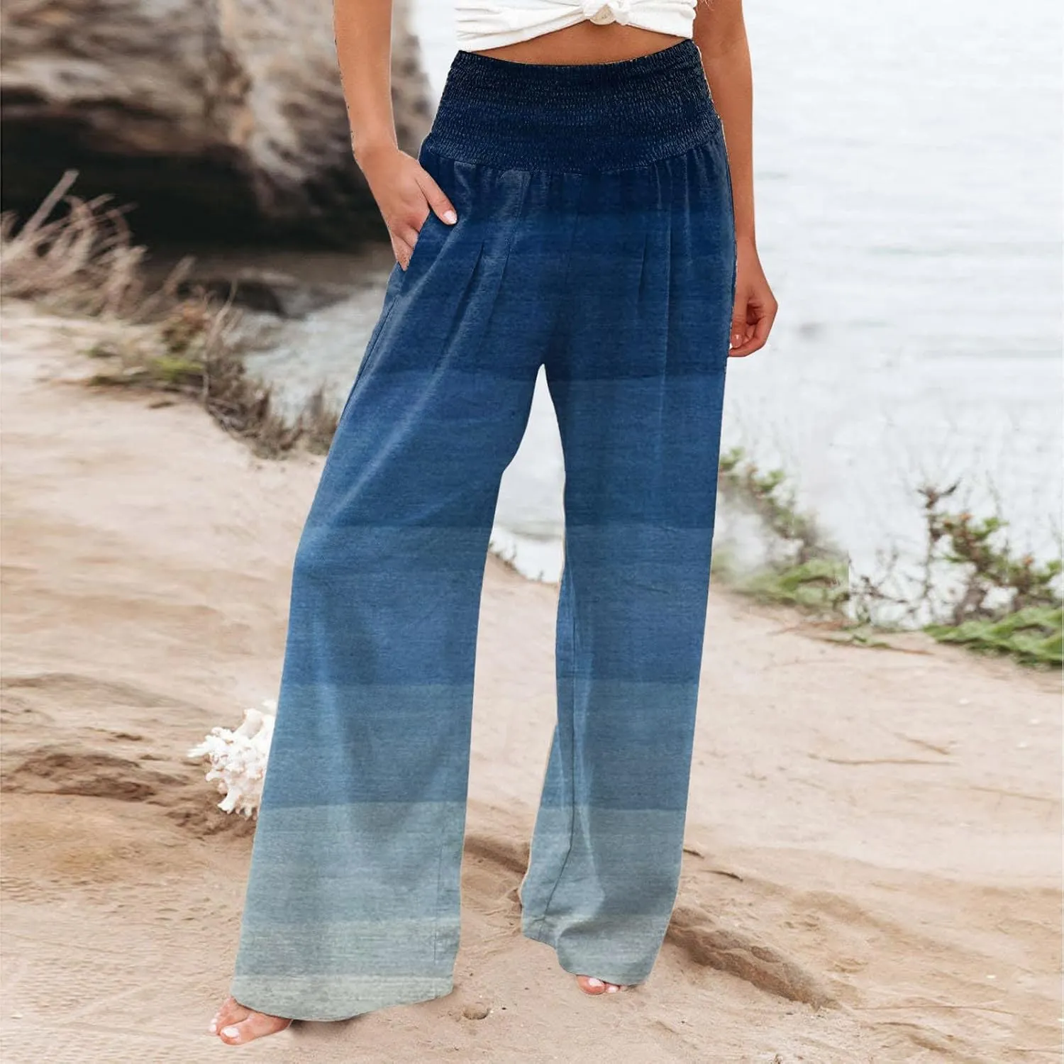Women's Casual Prints High Waist Wide Leg Palazzo Pants Elastic Waist Loose Comfy Pajama Pants Pockets