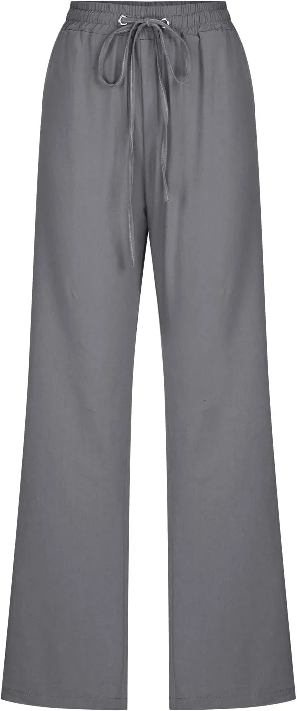 Womens Casual Summer Pants 2024 Straight Leg Drawstring Elastic High Waist Cotton Linen Pants Loose Comfy Trousers