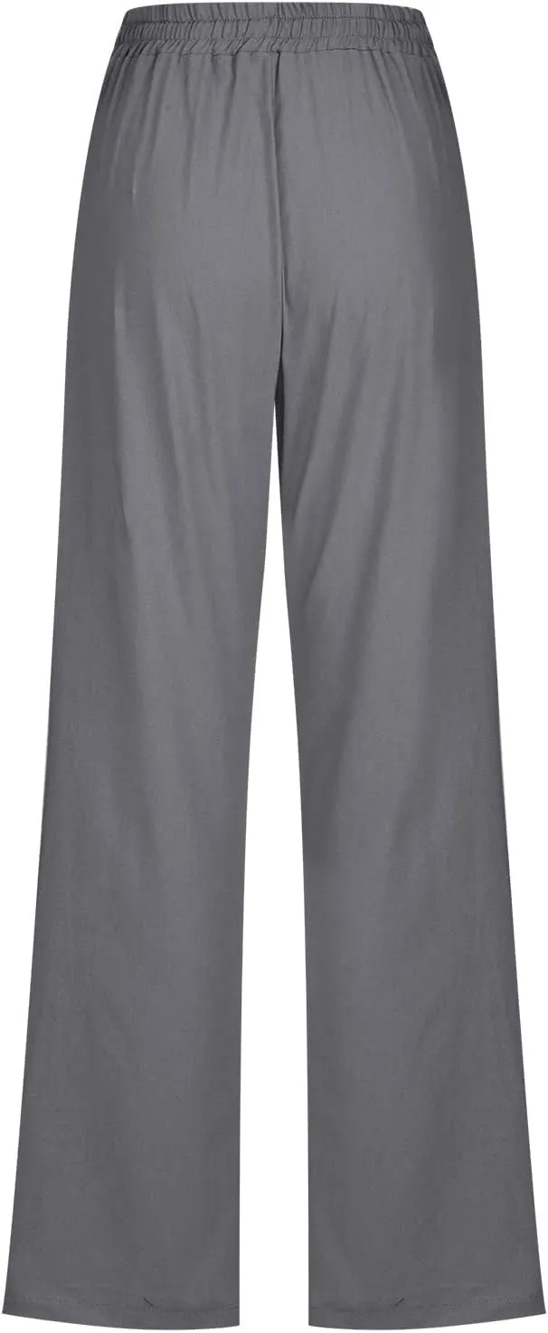 Womens Casual Summer Pants 2024 Straight Leg Drawstring Elastic High Waist Cotton Linen Pants Loose Comfy Trousers