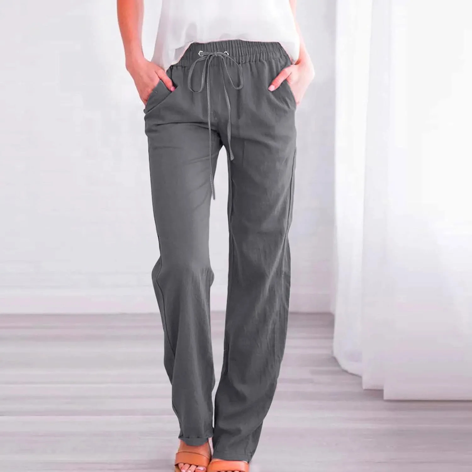 Womens Casual Summer Pants 2024 Straight Leg Drawstring Elastic High Waist Cotton Linen Pants Loose Comfy Trousers